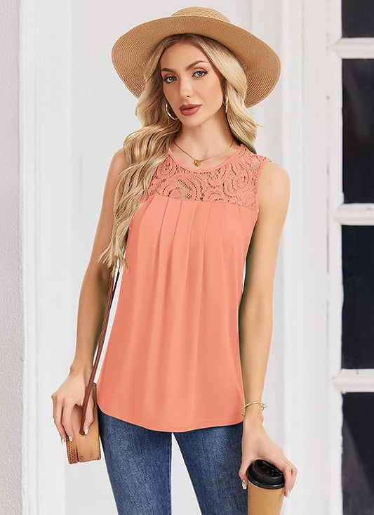 Women's Tank Tops Summer Long Tops Crew Neck Tank Top Sleeveless Elegant Lace T-Shirts Blouses